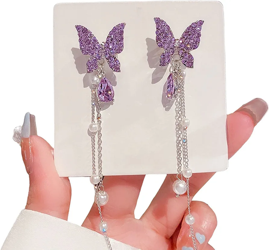 Korean Trendy Purple Butterfly Dangle Earrings - Gulmohar Jewels