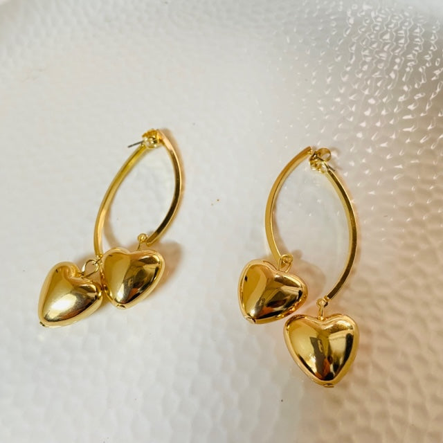 Korean Golden Connecting Heart Drop Earrings - Gulmohar Jewels