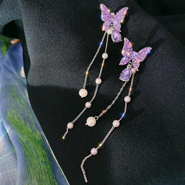 Korean Trendy Purple Butterfly Dangle Earrings - Gulmohar Jewels