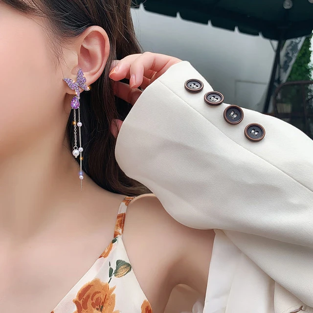 Korean Trendy Purple Butterfly Dangle Earrings - Gulmohar Jewels