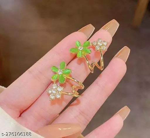 Korean Flower Stud Earrings Green - Gulmohar Jewels