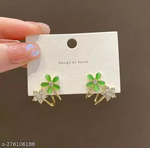 Korean Flower Stud Earrings Green - Gulmohar Jewels