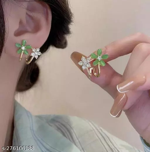 Korean Flower Stud Earrings Green - Gulmohar Jewels